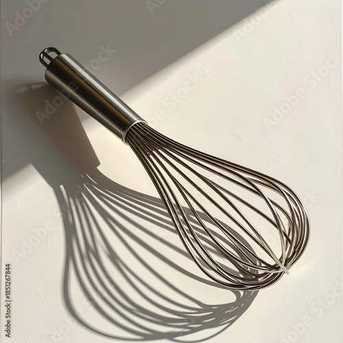 Stainless steel whisk on a white surface