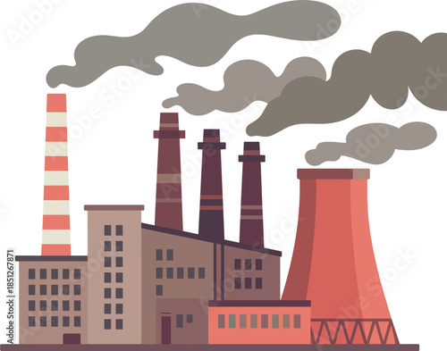 Industrial factory pollution illustration, smokestacks emitting dark smoke, environmental hazard concept, air contamination visual, toxic emissions, climate impact, stock image