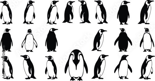 Penguin silhouettes collection showing multiple standing poses isolated on white background, minimalist wildlife illustration set for design projects branding marketing