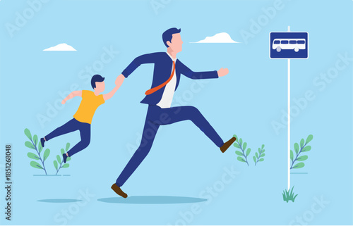 Father in a hurry - Stressed dad running with child in hands in morning stress trying to reach bus. Flat design vector illustration
