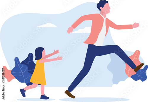 Father playing with child - Dad and daughter playing tag and chasing each other outdoors. Flat design vector illustration with white background