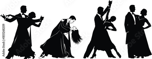 Ballroom dance couple silhouette, elegant partner movement, formal attire vector, graceful choreography pose, black illustration, romantic performance concept