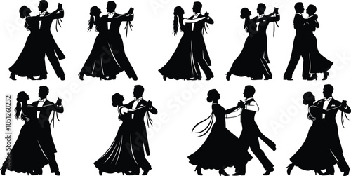 Ballroom dancing couple silhouette set, elegant poses, formal attire, black vector, tango, waltz, choreography, isolated, flat design