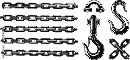 Black and white chain and hook vector, mechanical components, shackle, S-hook, swivel, towing gear, industrial design, isolated illustration