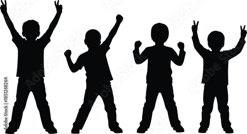 Children silhouette vector set, expressive poses, peace signs, raised fists, celebration gesture, black illustration, isolated, flat design