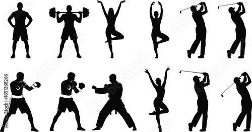 Collection of athlete silhouettes depicting multiple sports including weightlifting, boxing, golf, karate, and dance poses, vector set.