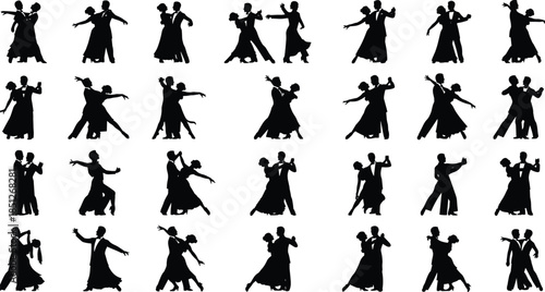 Collection of ballroom dance silhouettes, featuring couples in various elegant poses, waltz, tango, and salsa dancers, vector set on white background.