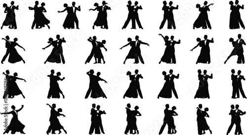Collection of ballroom dance silhouettes, featuring couples in various elegant poses, waltz, tango, and salsa dancers, vector set.