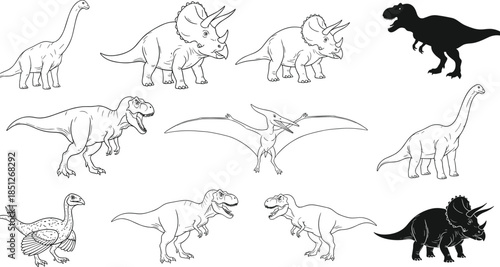 Collection of dinosaur vector illustrations and silhouettes, including T-Rex, Triceratops, Brachiosaurus, and Pteranodon, set on white background.