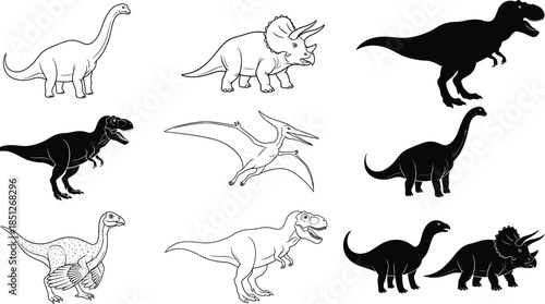 Collection of dinosaur vector silhouettes and line art illustrations featuring T-Rex, Triceratops, Brachiosaurus, and Pteranodon on white background.
