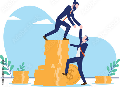 Financial help and aid - Businessman helping business partner with economy and finances. Flat design vector illustration with white background