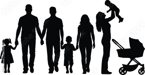 Family of five with parents, children, and baby in a stroller walking together, vector silhouette collection.