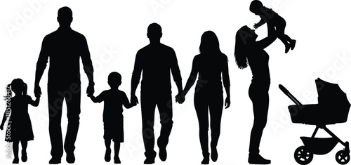 Family silhouette illustration, parenting concept, child care, black and white, stroller, bonding, father, mother, kids, togetherness, love
