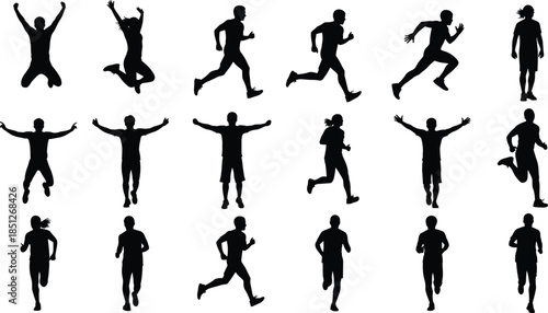 People running and jumping silhouettes set showing active fitness poses isolated on white background sport exercise vector illustration