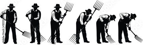 Farmer silhouette using pitchfork, traditional farming, manual labor, black vector, agricultural motion, rural work, isolated, flat design, sequence