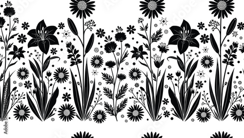 Floral silhouette vector set, decorative garden, black illustration, lilies, daisies, foliage, botanical pattern, isolated, flat design