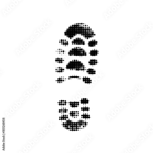 Black halftone shoe sole footprint isolated on white background. Dotted texture footwear tread print icon in retro graphic style for design, safety, fashion or concept use.