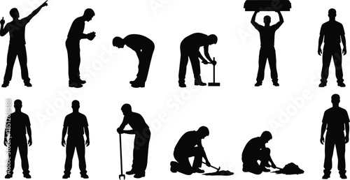 Manual labor silhouette set, black vector, construction poses, fieldwork actions, tool use, bending, lifting, isolated, flat design