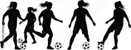 Soccer silhouette, female players, kicking ball, dribbling action, ponytail athlete, sports vector, dynamic motion, football pose, black illustration