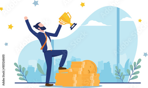 Financial success - Businessman with trophy celebrating earnings and money. Getting rich from entrepreneurship and business concept. Vector illustration with white background