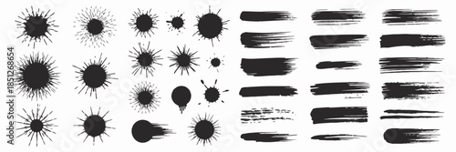 A collection of black ink splatters and brush strokes is arranged neatly