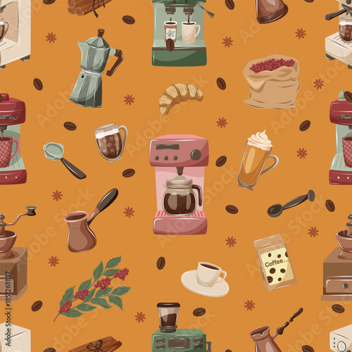 Seamless coffee pattern with brewery and barista tools, coffee makers. Food and drink background for cafe or coffee shop designs.