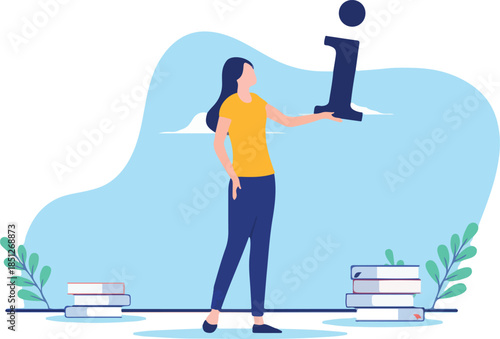 Finding information - Woman with books holding the letter I in hand, looking for info and knowledge. Flat design vector illustration with white background