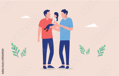 Gay couple with child - Two men standing outdoors holding a kid and being happy. Flat design vector illustration with beige background.