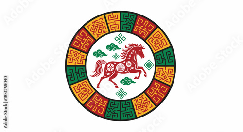 Chinese Zodiac Wheel Fire Horse Flat Vector