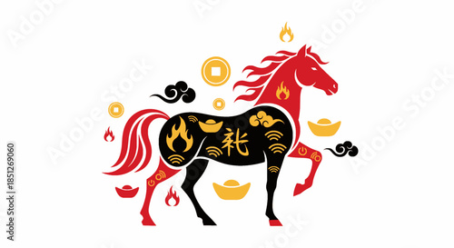 Fire Horse Chinese Zodiac Prosperity Flat Vector Illustration