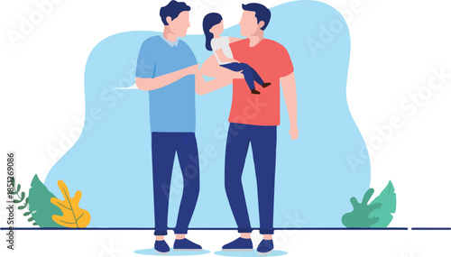 Gay parents - Two male fathers with child in arms standing together. Parenting and tolerance concept. Flat design vector illustration with white background.