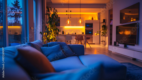 Voice controlled smart home living room interior at dusk with modern furniture and warm