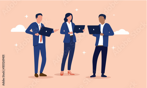 Great business team people - Group of three businesspeople standing holding laptop computers, smiling and being professional experts. Flat design vector illustration