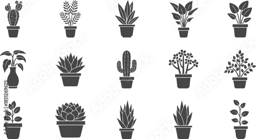Potted plant silhouette collection with cactus succulent foliage houseplants, black indoor garden icons, minimal botanical vector illustration set