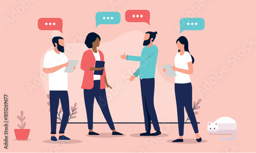 Group discussion - Business people in casual office clothes talking and discussing work and project. Flat design vector illustration