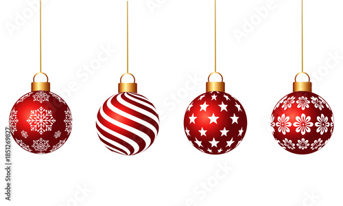 Red Christmas Ornament Balls Set with Simple White Line Patterns Vector - Merry Christmas