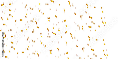 Floating golden confetti on a clean white background with scattered metallic ribbon curls and tiny shapes, creating a realistic shiny festive celebration atmosphere