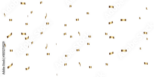 Scattered floating golden confetti and metallic ribbon curls on white background, featuring realistic shiny tinsel elements that create a festive celebration atmosphere