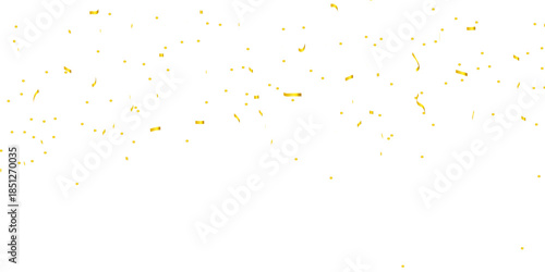 Realistic shiny golden confetti floating on white background with metallic ribbon curls and small festive shapes, creating an elegant celebration and party atmosphere