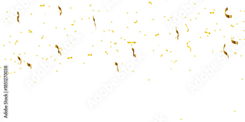 Falling golden confetti and serpentine metallic ribbons on white background, featuring shiny realistic tinsel elements for elegant party, holiday, and celebration design