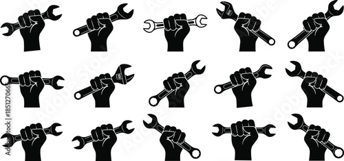 Raised fist holding wrench silhouettes set, mechanic repair symbol collection, industrial labor protest icons, black tool hand illustrations isolated on white background