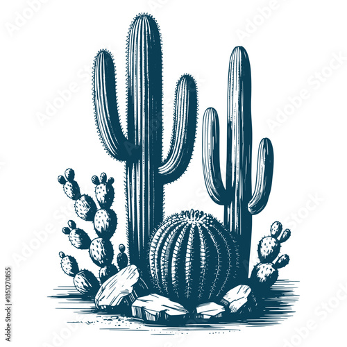 Vintage Cactus Engraving Style Illustration