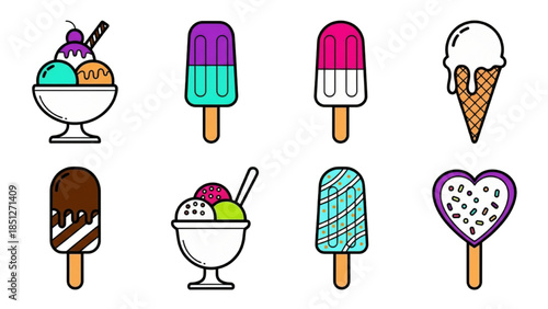Ice cream and popsicle vector icon set. Colorful summer dessert collection including cone, sundae, and sweet treats in flat line art style.