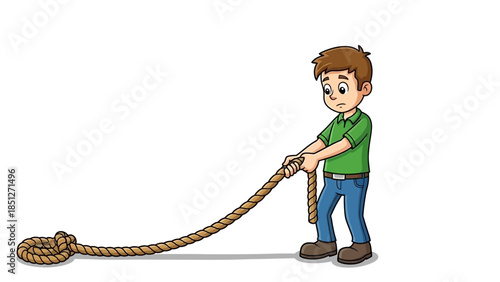 Young boy pulling a large rope with effort and determination