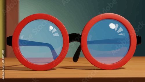Vibrant red glasses on wooden table with blue lens reflection