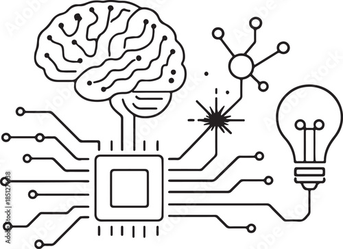 Illustration of the brain, neural networks, and a lightbulb