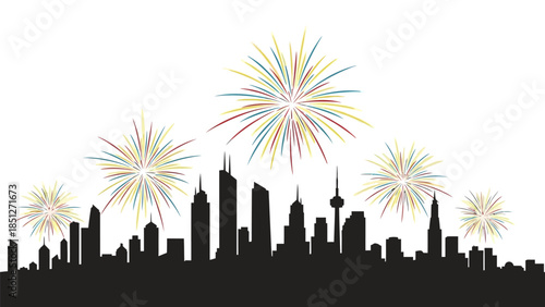 City skyline silhouette with colorful fireworks exploding in the night sky, celebrating a festive event.