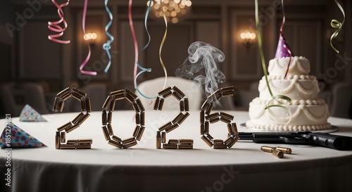 A forensic photographer's flash captures 2026 spelled in bullet casings on a banquet table, the still-smoking gun beside an untouched cake as party streamers drift through the air like evidence marker