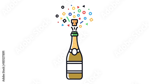 Champagne bottle popping with colorful confetti, celebrating a special occasion or new year.
