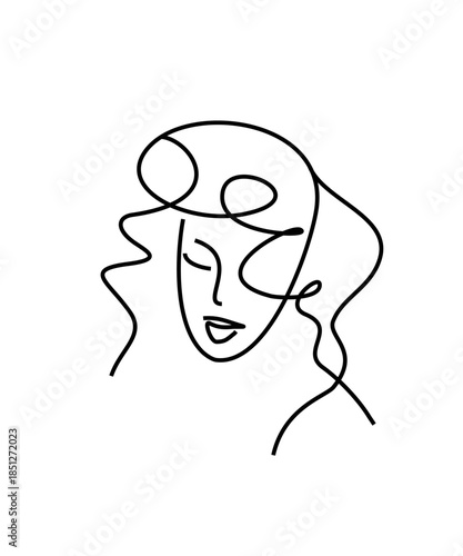 Young woman face icon. Beauty salon logo - a beautiful portrait of a girl with a perfect hairstyle. Facial features, avatar